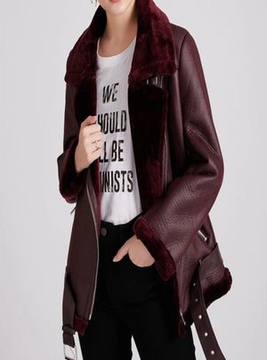 Fur Trimmed Sheepskin Leather Belted Jacket